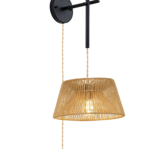 Rattan Wall Sconce, Boho Rustic Wall Lamp with Wooden Shade for Bedroom