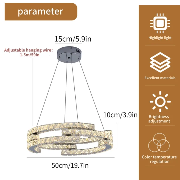3-Ring Crystal Chandelier – Dimmable LED Pendant Light - Image 6