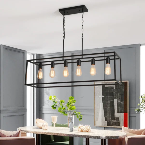6-Light Black Rectangle Farmhouse Linear Chandelier - Image 6
