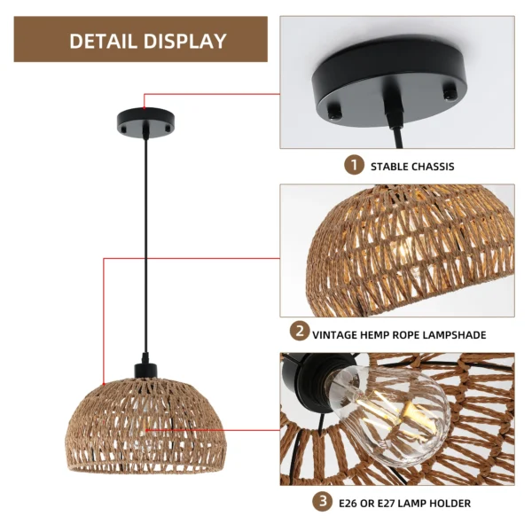 Garwarm Rattan Pendant Light – Rustic Farmhouse Rope Chandelier for Kitchen Island - Image 7