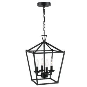 4-Light Farmhouse Lantern Chandelier – Black Rustic Pendant Light Fixture with Chain