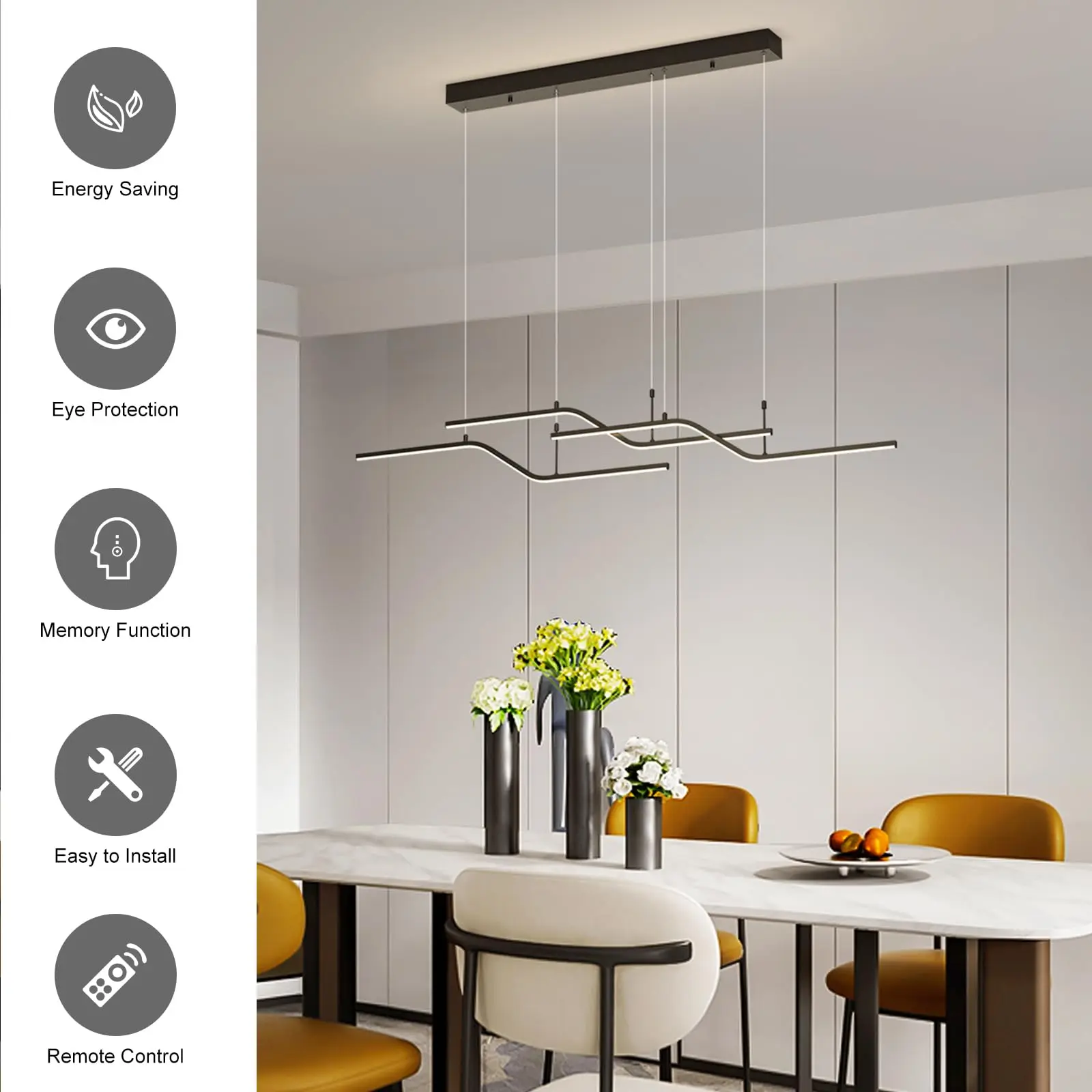 Modern LED Wave Pendant Light – 45W Dimmable, 3-Light with Remote - Image 5
