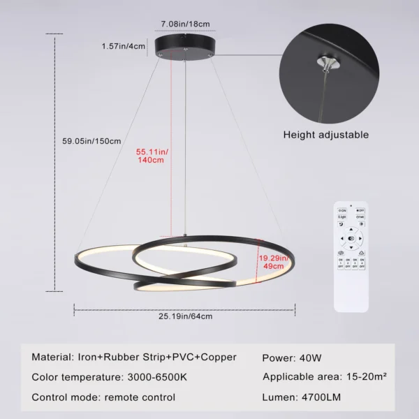 Modern Black LED Pendant Light, 40W Dimmable with Remote Control - Image 6