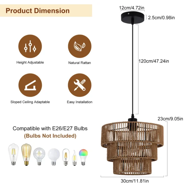 Rattan Boho Pendant Light, Rustic Farmhouse Hanging Lamp - Image 7