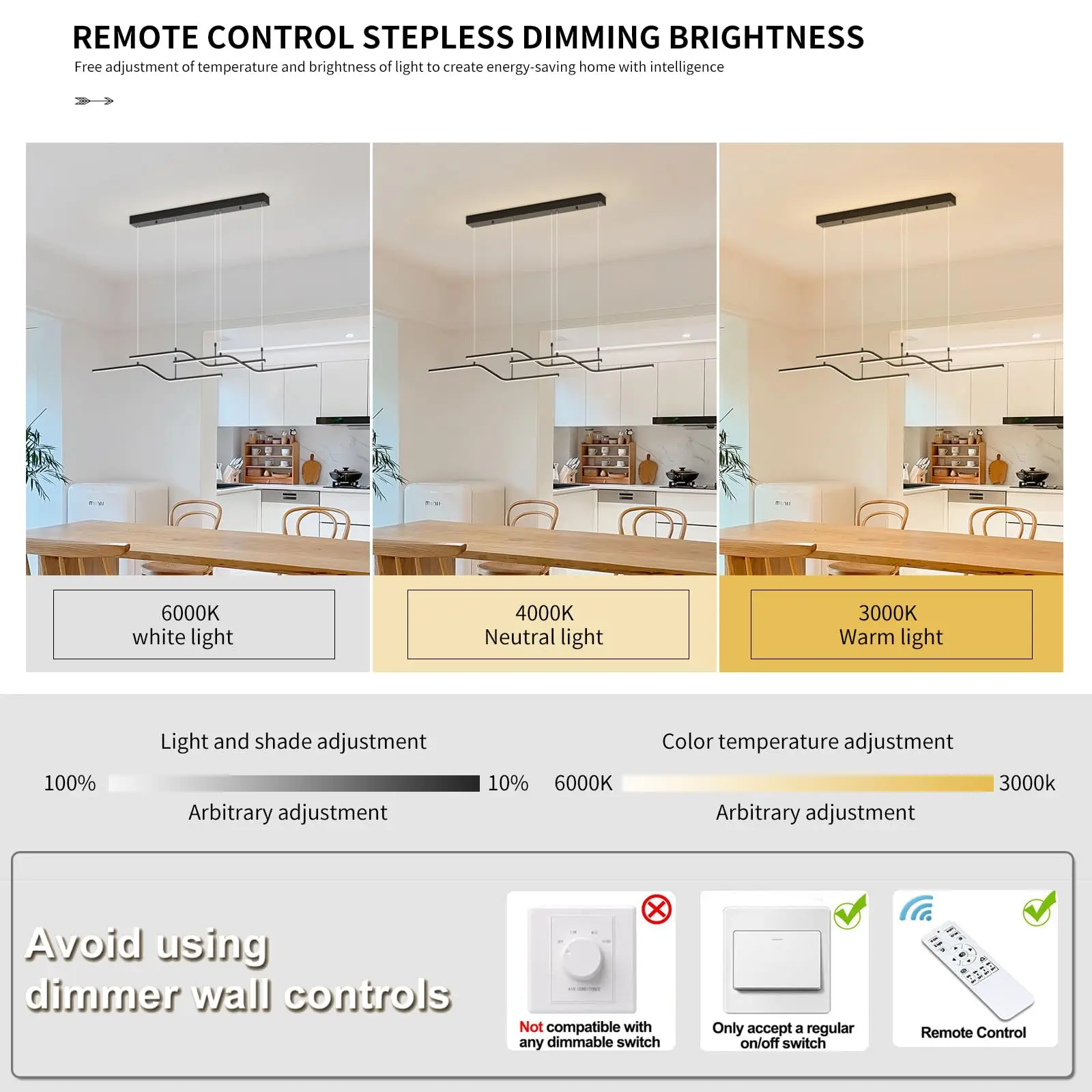Modern LED Wave Pendant Light – 45W Dimmable, 3-Light with Remote - Image 3