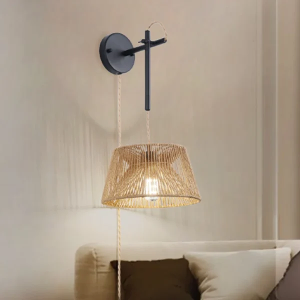 Rattan Wall Sconce, Boho Rustic Wall Lamp with Wooden Shade for Bedroom