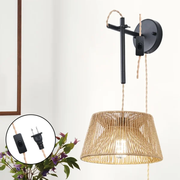 Rattan Wall Sconce, Boho Rustic Wall Lamp with Wooden Shade for Bedroom - Image 3
