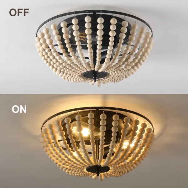 Boho 3-Light Flush Mount Ceiling Light with Wood Beads, 15" Kitchen Ceiling Fixture - Image 5