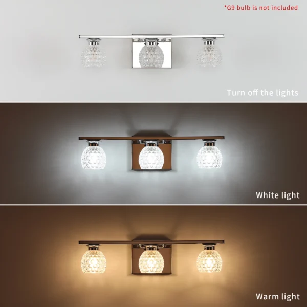 3-Light Chrome Bathroom Vanity Light – Dimmable Mirror Fixture with Glass Shades - Image 6