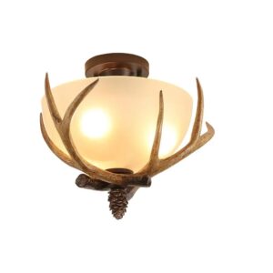Bymaocar Antler Semi Flush Mount Ceiling Light with 3 Glass Shades – Bronze Finish