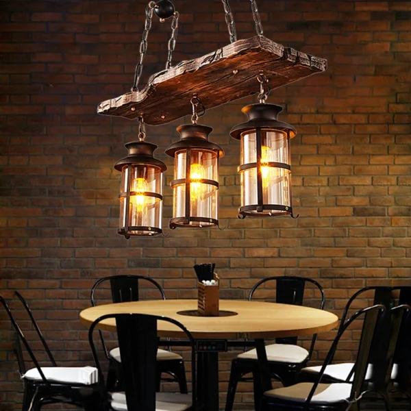 Rustic 3-Light Farmhouse Chandelier, Vintage Wood Pendant Ceiling Lamp for Kitchen - Image 3