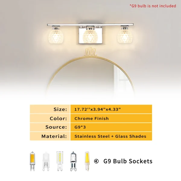 3-Light Chrome Bathroom Vanity Light – Dimmable Mirror Fixture with Glass Shades - Image 4