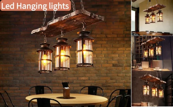Rustic 3-Light Farmhouse Chandelier, Vintage Wood Pendant Ceiling Lamp for Kitchen - Image 4