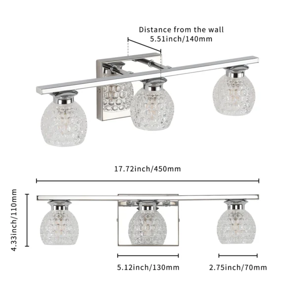 3-Light Chrome Bathroom Vanity Light – Dimmable Mirror Fixture with Glass Shades - Image 3