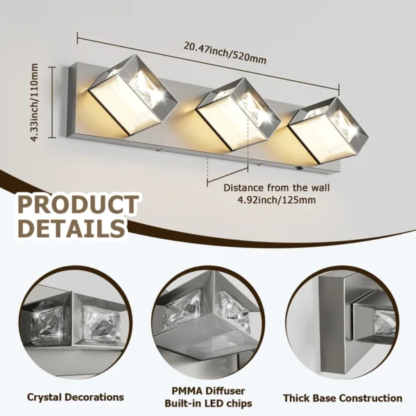 3-Light LED Dimmable Bathroom Vanity Light, 350° Swivel Crystal & Acrylic Fixtur - Image 2