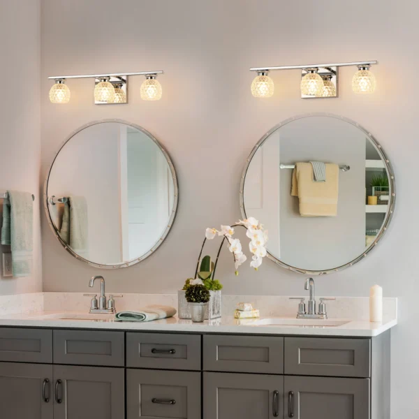 3-Light Chrome Bathroom Vanity Light – Dimmable Mirror Fixture with Glass Shades - Image 7