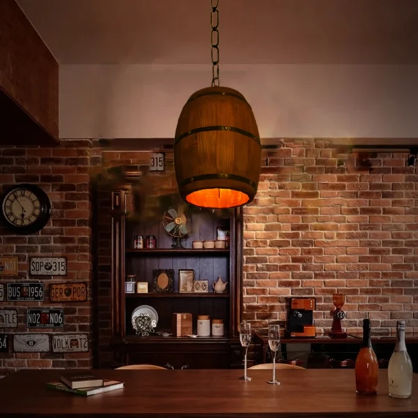 Retro Wood Barrel Pendant Light – Vintage Industrial Chandelier - Image 2