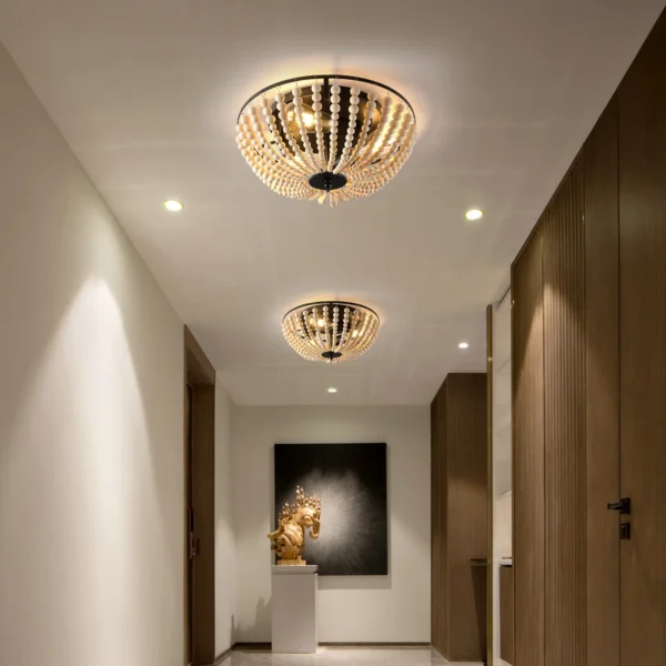 Boho 3-Light Flush Mount Ceiling Light with Wood Beads, 15" Kitchen Ceiling Fixture - Image 4