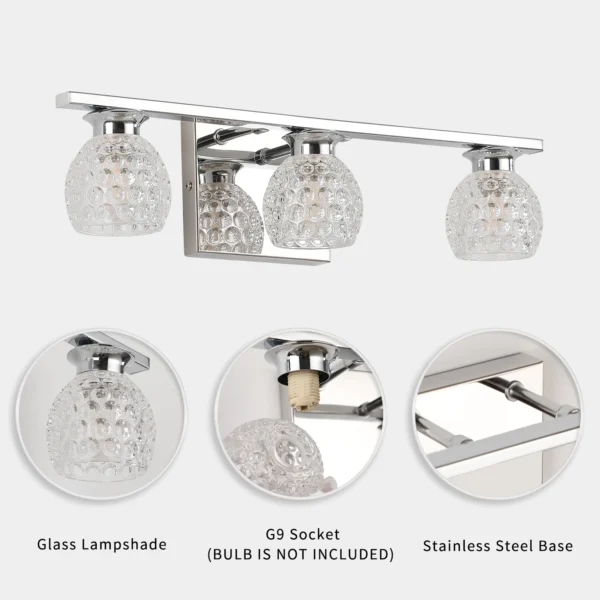 3-Light Chrome Bathroom Vanity Light – Dimmable Mirror Fixture with Glass Shades - Image 5