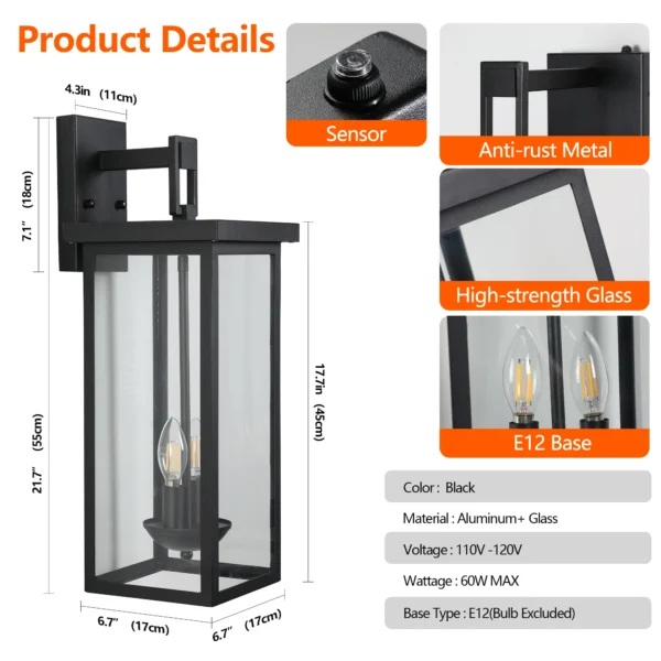 22" Outdoor Wall Lantern – Matte Black with Dusk-to-Dawn Sensor - Image 6